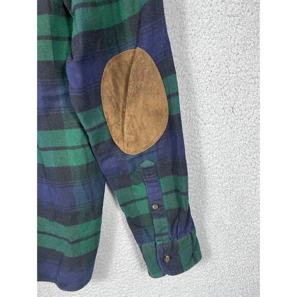 J. Crew Mens Shirt Size L Blue Green Slim Fit Elbow Patch Flannel Button Up - Picture 7 of 11